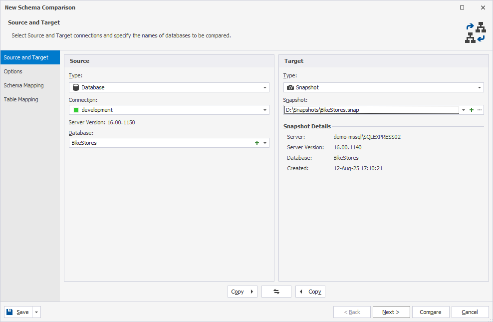 Add a snapshot as the target to schema comparison