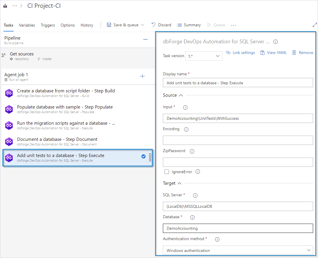 Configure the Add unit tests to a database task