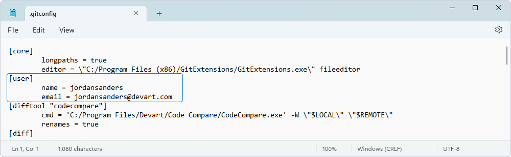 Added username and email to the configuration file