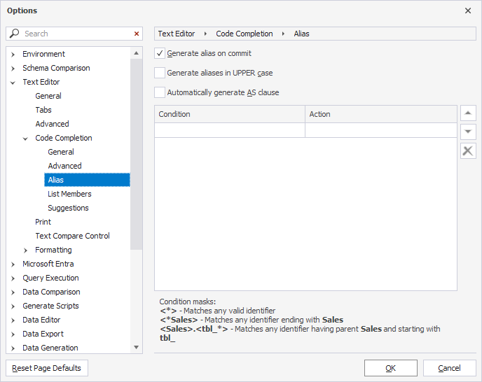 Alias settings in Options