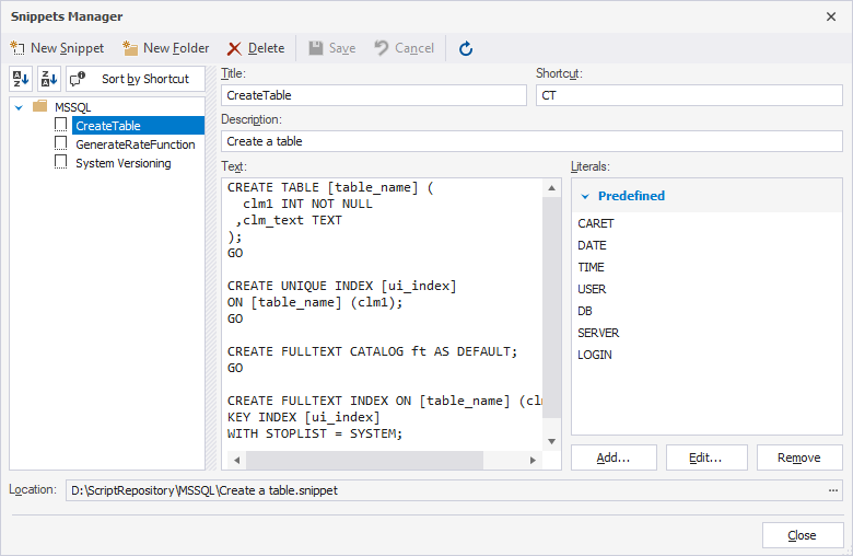 The Snippets Manager folder displays all created code snippets