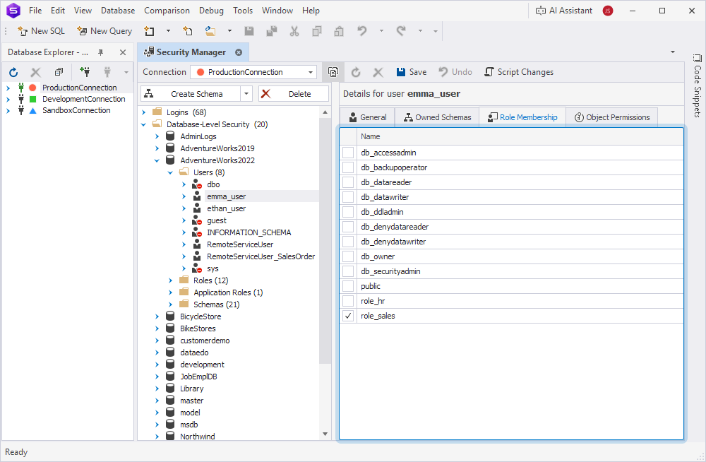 The Role Membership tab with a selected role for a user in the Security Manager window