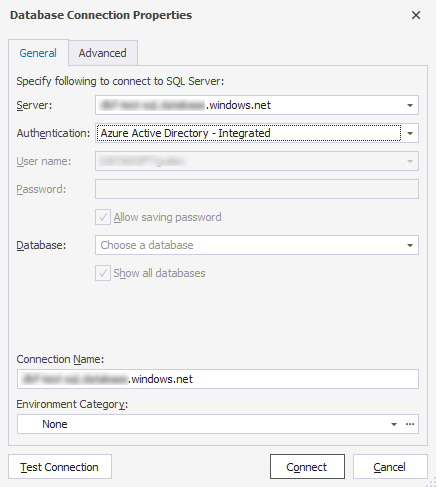 Connecting to the Azure database with Azure Active Directory - Integrated