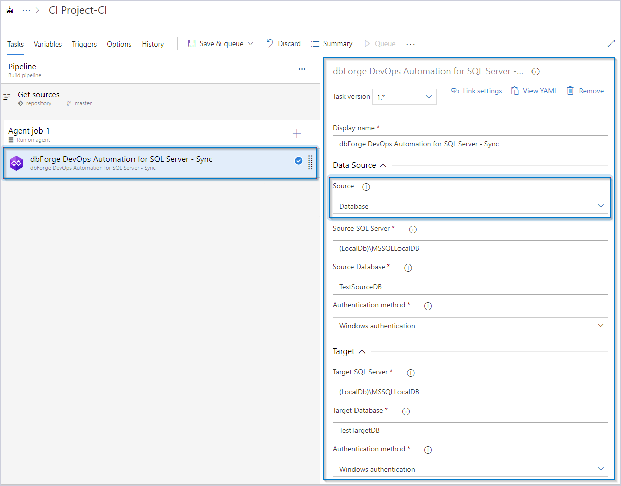 Select the database as the source