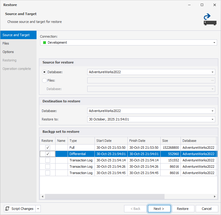 Select a backup in the Backup set to restore grid