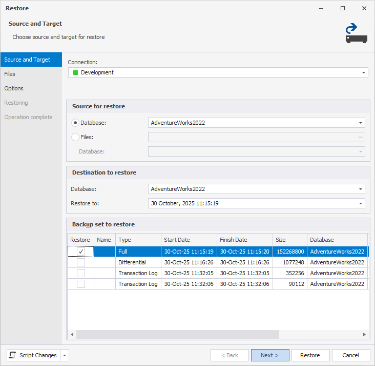 Select a backup in the Backup set to restore grid