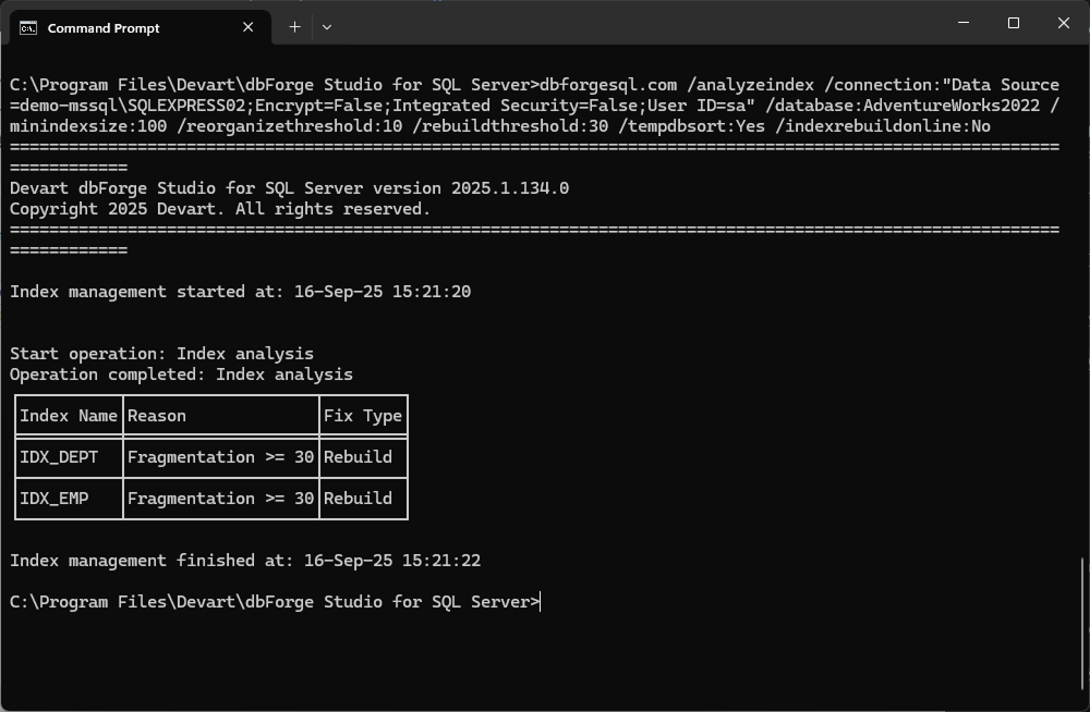 dbForge Index Manager defragmentation scan