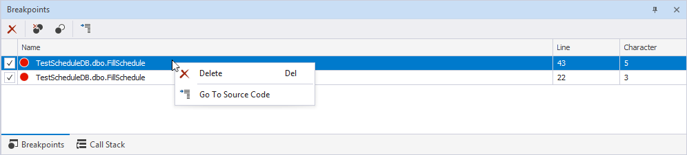 Breakpoints pane shortcut menu