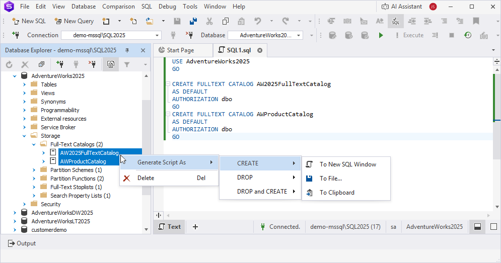 Bulk operations for multiple full-text catalogs