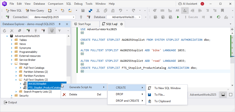 Bulk operations for multiple full-text stoplists
