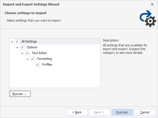 The Choose settings to import page of the Import and Export Settings Wizard
