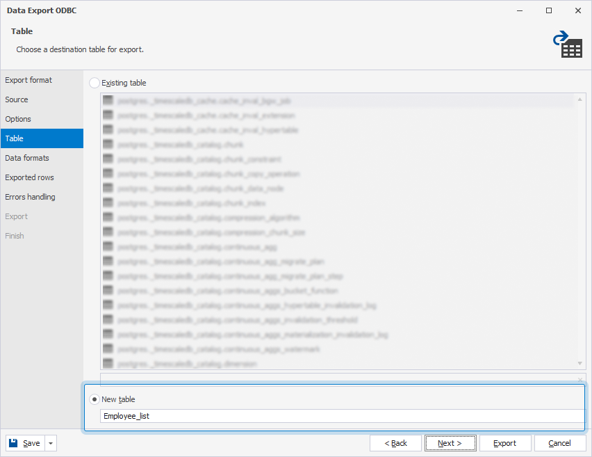 Choose a table for export