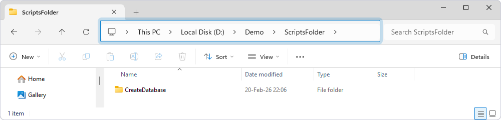 Create a CreateDatabase subfolder in the ScriptsFolder folder