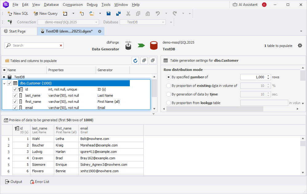 Select the Customer table for data generation