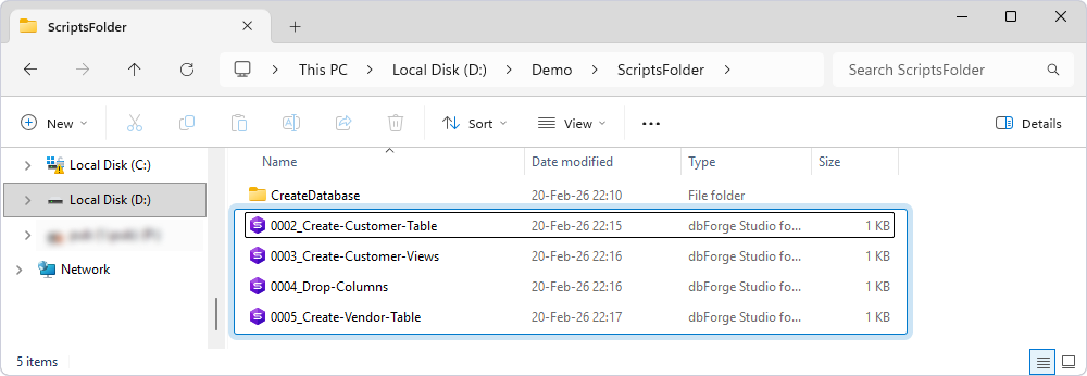 Create .sql files containing scripts for creating and modifying test database objects