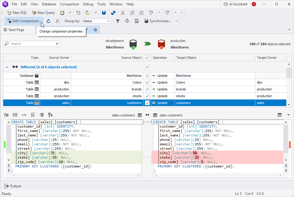 Open the Change Schema Comparison Properties wizard