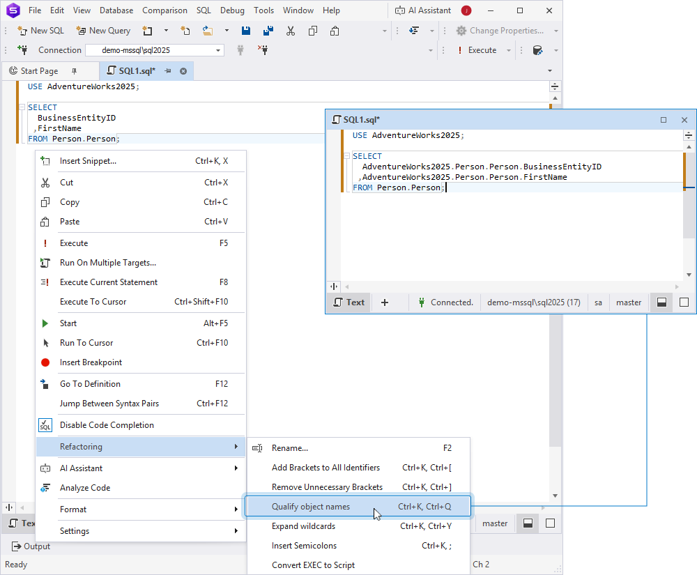 Qualify object names from the Refactoring shortcut menu in SQL Editor