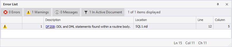 T-SQL Code Analyzer output in the Error List