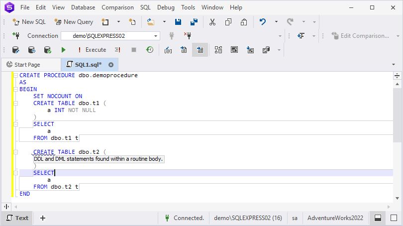 T-SQL Code Analyzer output in a SQL document