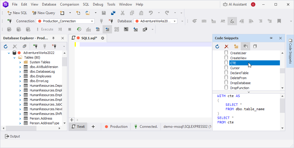The Code Snippets pane