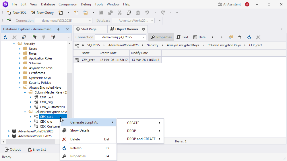 View the shortcut menu options of Column Encryption Keys