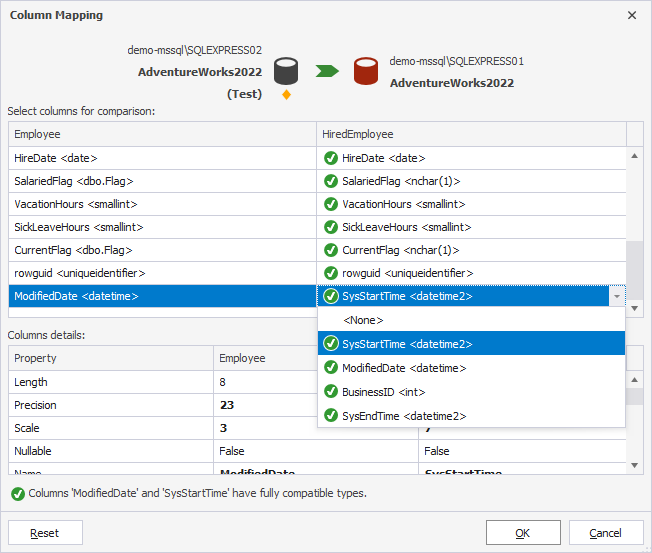 Columns mapping dialog