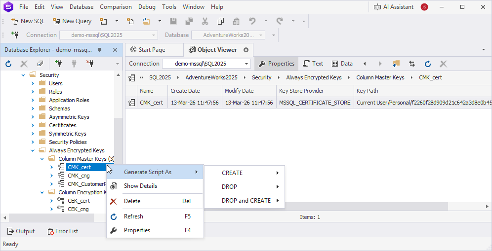 View the shortcut menu options of Column Master Keys