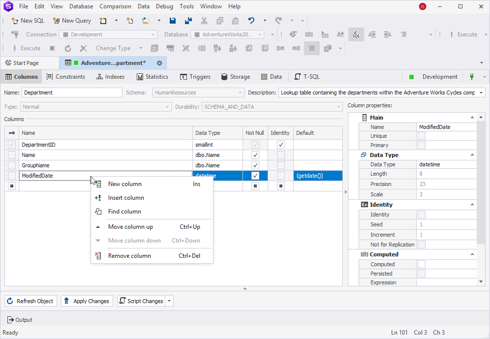 Table Editor - Columns