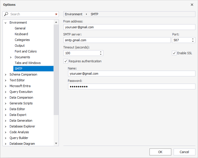 Configure SMTP settings in the Options dialog