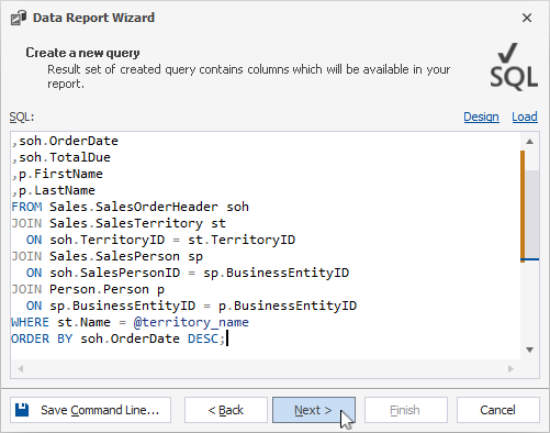 The Create a new query page of the Data Report Wizard with a query entered.