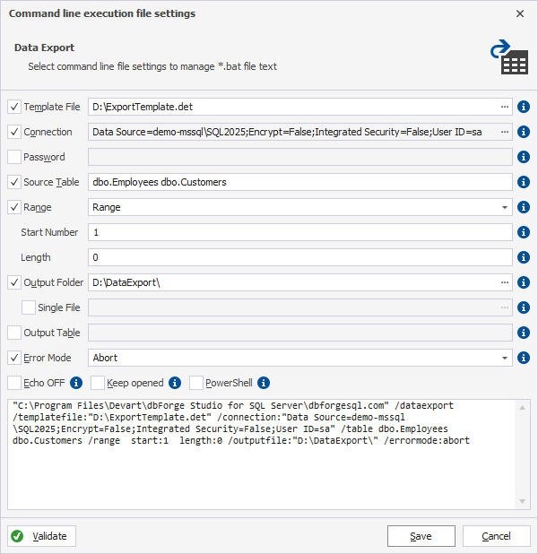 Generated script for data export