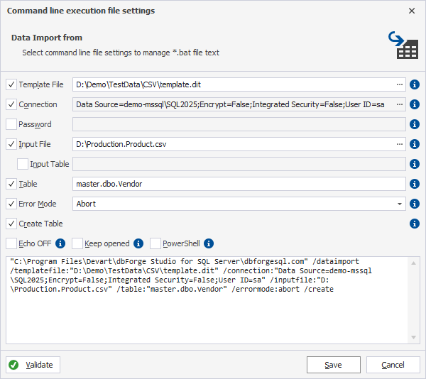 Generated script for data import