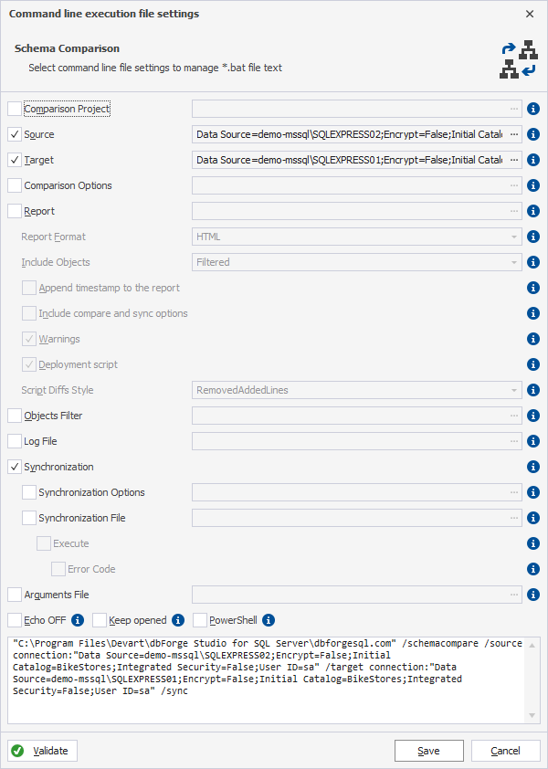 Command line execution file settings dialog