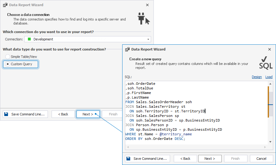 The Choose a data connection page and the Create a new query page of the Data Report Wizard with a query entered.
