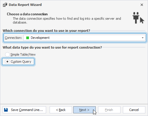 The Choose a data connection page of the Data Report Wizard with a connection and the Custom Query option selected.