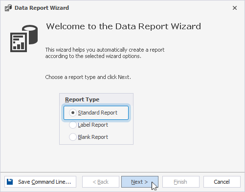 The Welcome to the Data Report Wizard page with the Standard Report type selected.