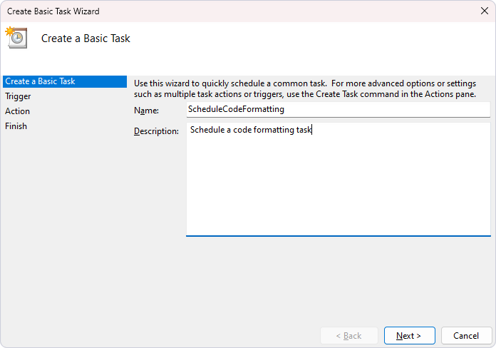 Specify a name and description for the code formatting task