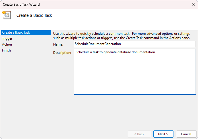Specify a name and description for the task to generate documentation