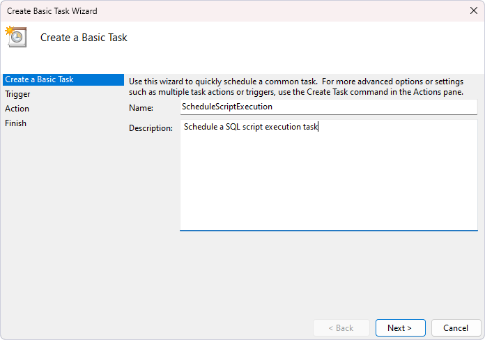 Specify a name and description for the report creation task