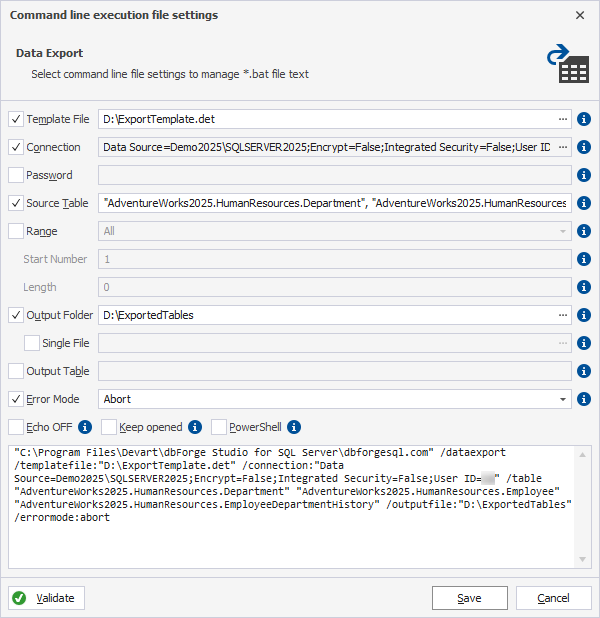Command-line wizard for data export