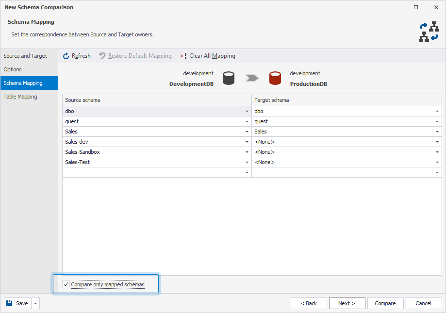 Select the Compare only mapped schemas checkbox