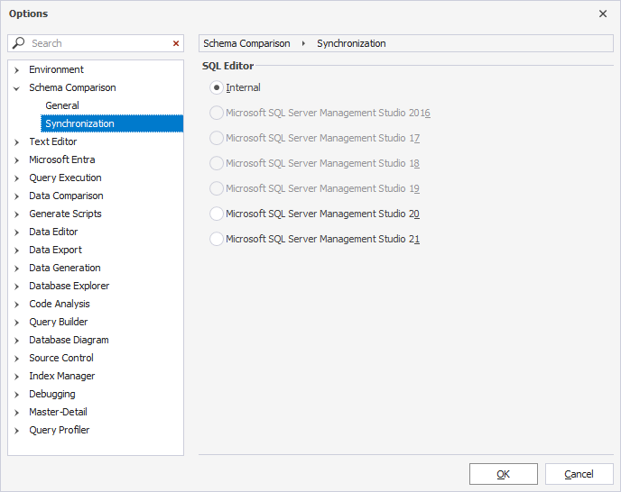 Open the Options dialog to configure the view of the internal editor
