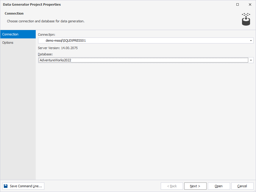 Connection page of the Data Generator Project Properties dialog