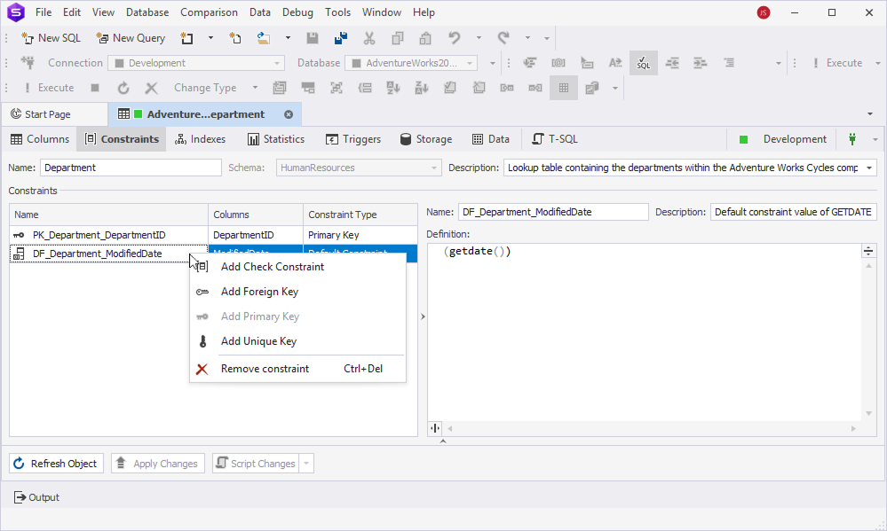 Table Editor - Constraints