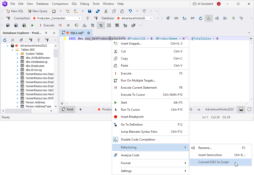 The shortcut menu with the Convert EXEC to Script menu item