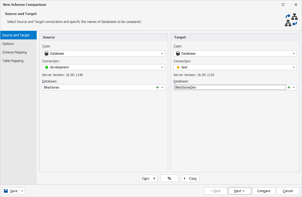 Compare a database structure to a new database