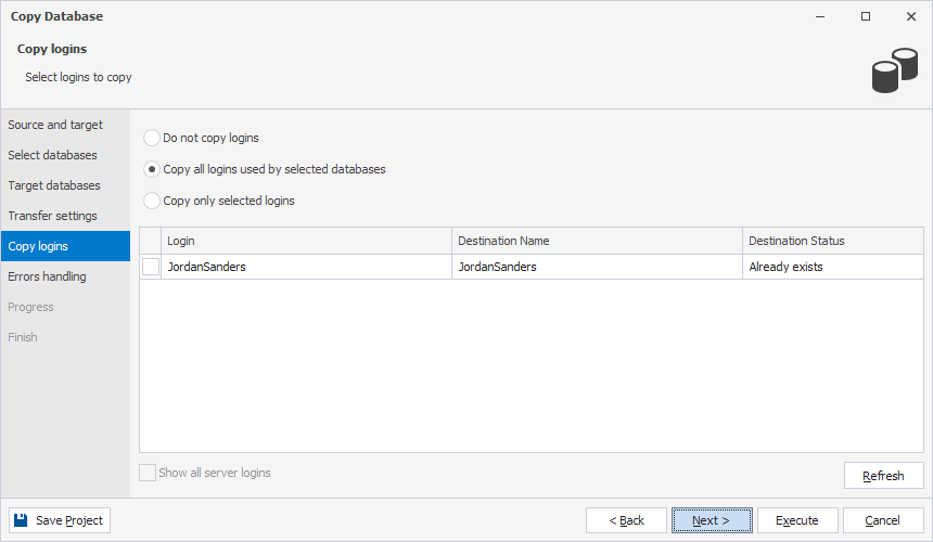 The Copy logins page of the Copy Database wizard
