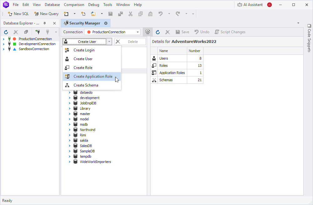 The Create Application Role option highlighted in the Security Manager window