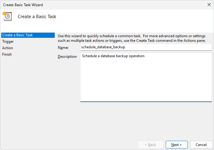 Specify the name and description of the task in the wizard
