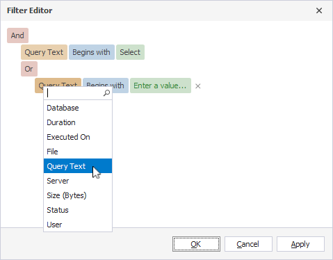 Filter Editor in query history